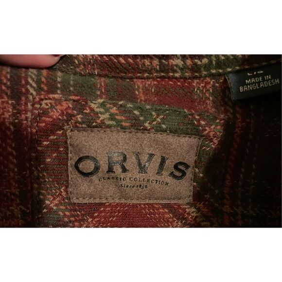 Orvis Men’s L Thick Flannel Button Down Plaid Burgundy & Green shirt - Picture 4 of 6